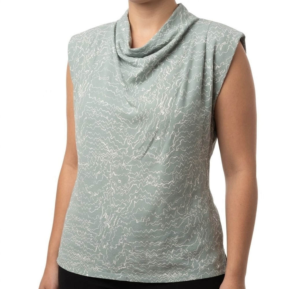 NWT Entro Sleeveless Blouse Women's‎ Large Sage Green Cowl Neck Abstract Print